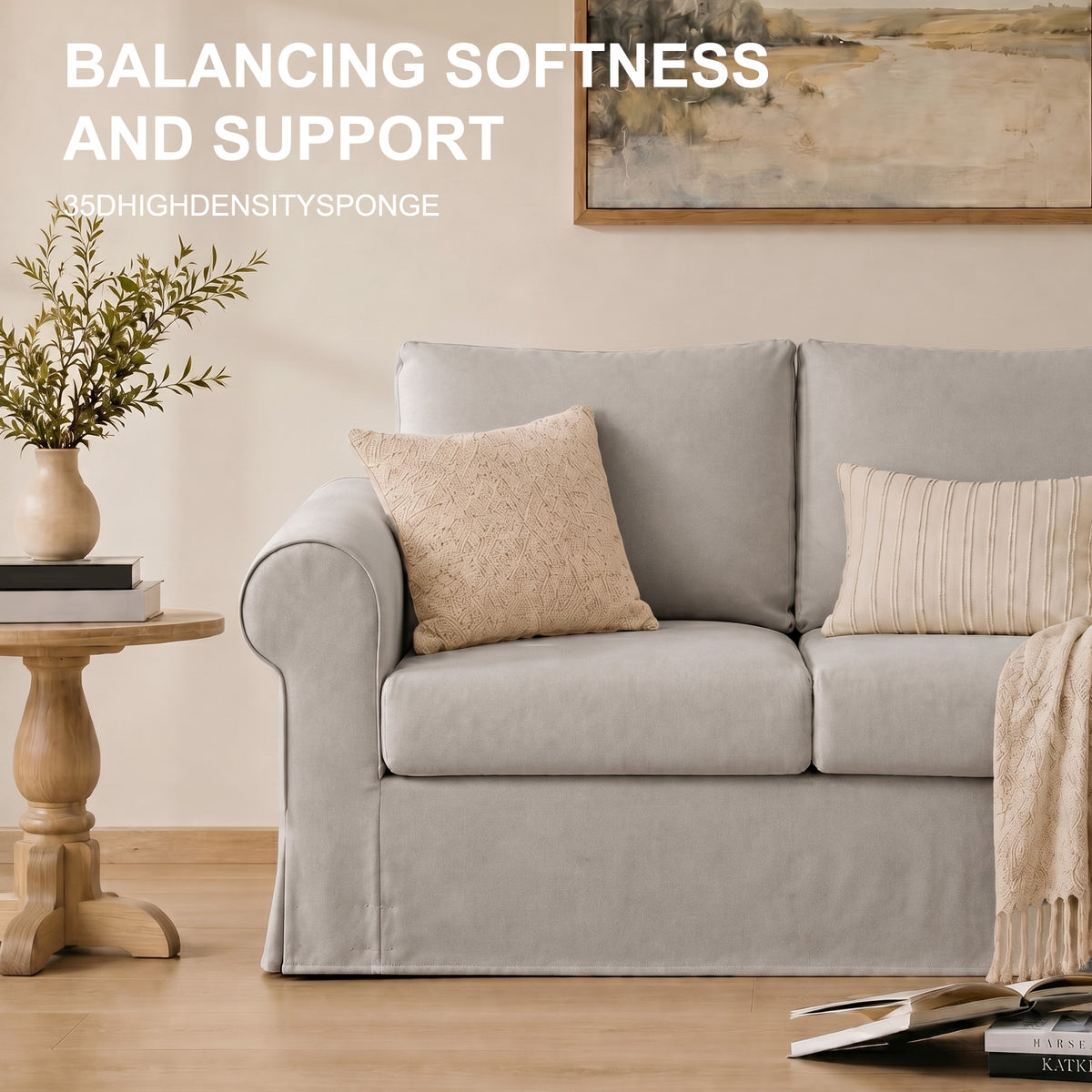 Vorthio 89" 3-Seater Farmhouse Sofa, Deep Seat Couch with High Back Support, Removable Washable Cover, Rolled Arms, Set of 2, Grey