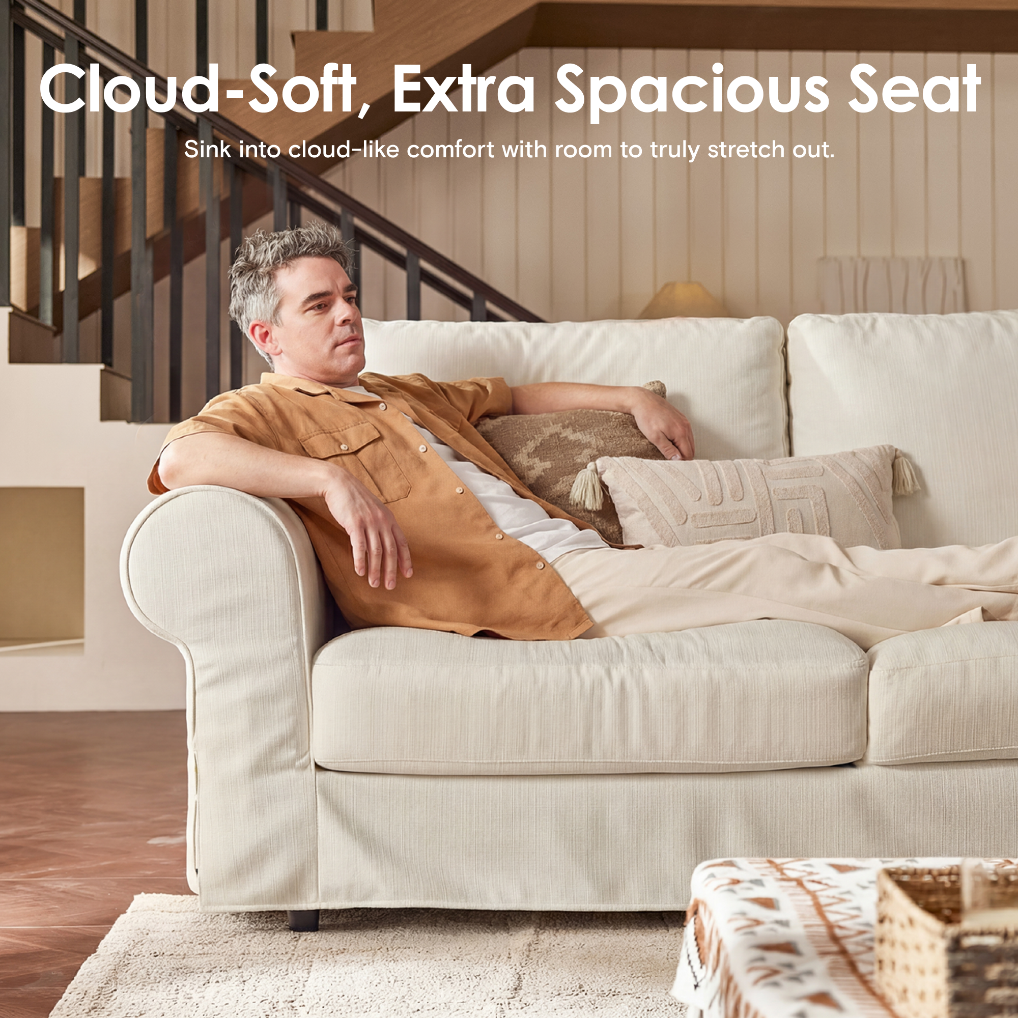 118 Inch Cloud Couch with Moveable Ottoman, Comfy 3-Seater Fabric Sofa with Rolled Arms, Deep Seat Slipcover Couch L Shape Living Room Furniture Set, White