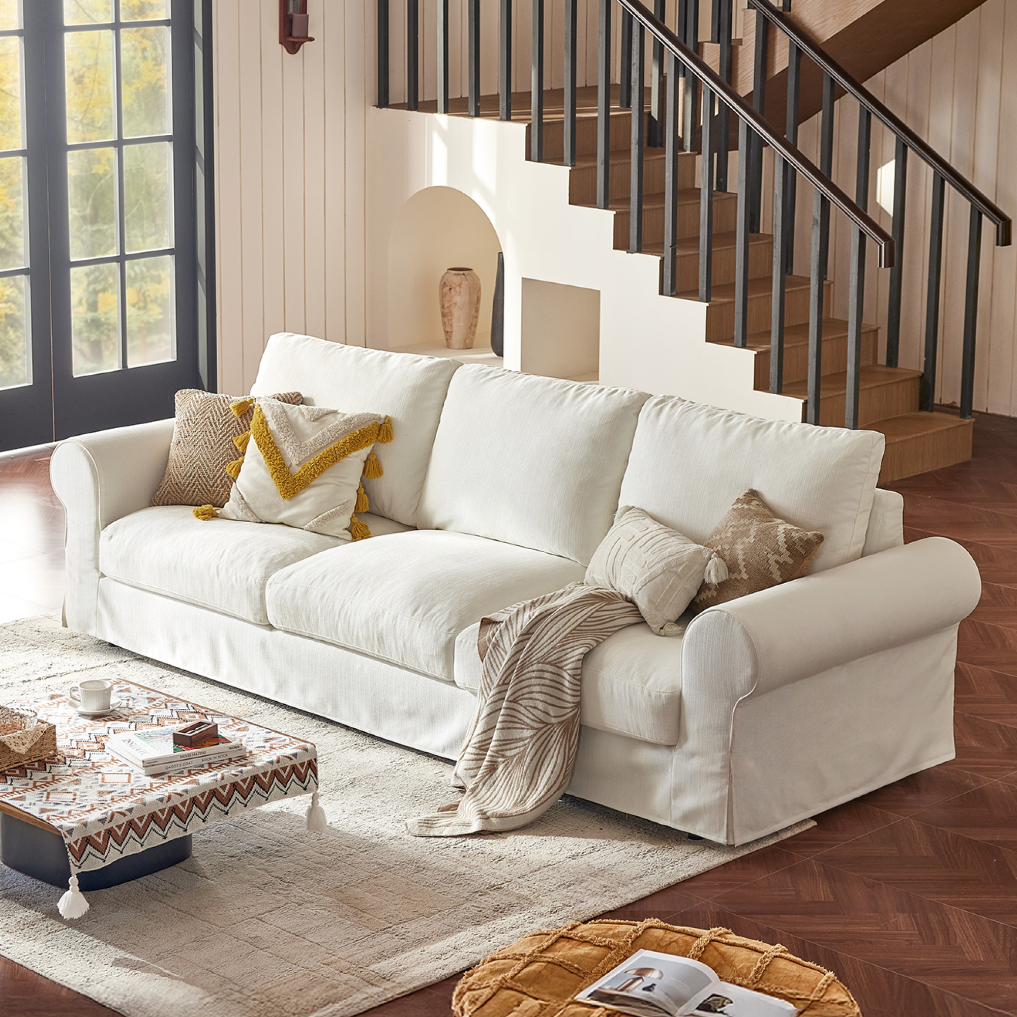 118 Inch Cloud Couch with Moveable Ottoman, Comfy 3-Seater Fabric Sofa with Rolled Arms, Deep Seat Slipcover Couch L Shape Living Room Furniture Set, White