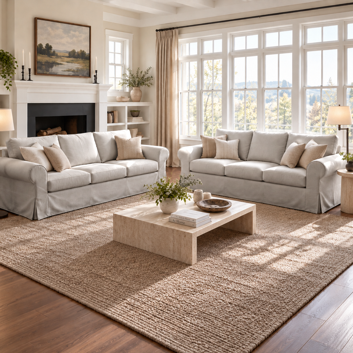 Vorthio 89" 3-Seater Farmhouse Sofa, Deep Seat Couch with High Back Support, Removable Washable Cover, Rolled Arms, Set of 2, Grey