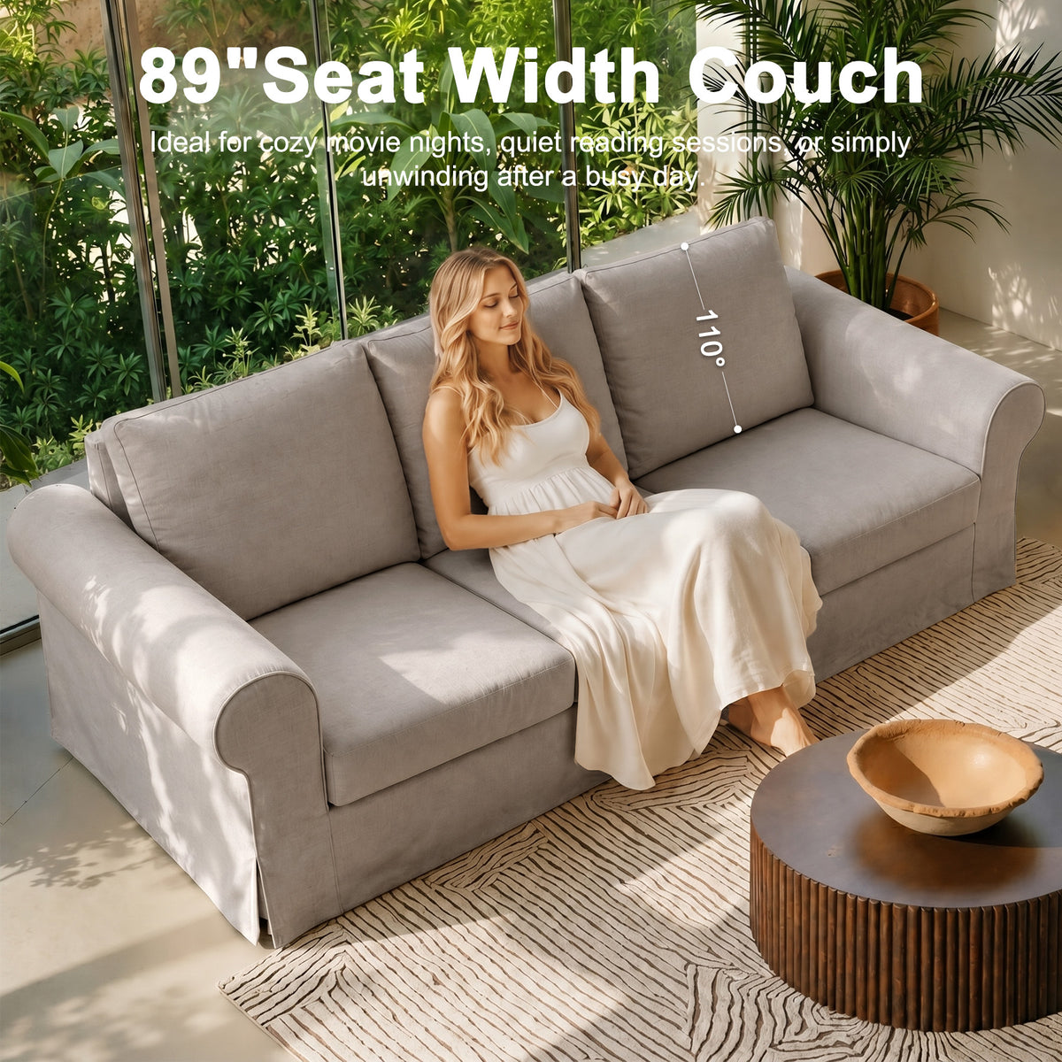 Vorthio 89" 3-Seater Farmhouse Sofa, Deep Seat Couch with High Back Support, Removable Washable Cover, Rolled Arms, Set of 2, Grey