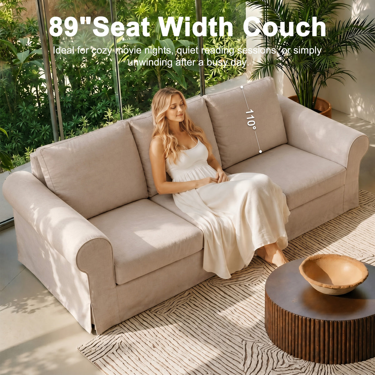 Vorthio 89" 3-Seater Farmhouse Sofa, Deep Seat Couch with High Back Support, Removable Washable Cover, Rolled Arms, Set of 2, Beige