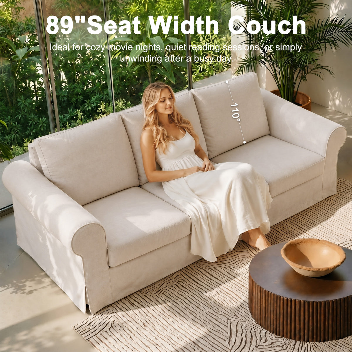 Vorthio 89" 3-Seater Farmhouse Sofa, Deep Seat Couch with High Back Support, Removable Washable Cover, Rolled Arms, Set of 2, White