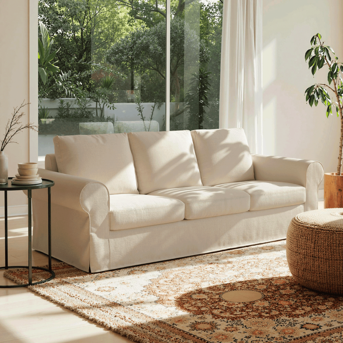 Vorthio Life 89" Farmhouse 3-Seater Sofa, Deep Seat Couch with High Back Support, Washable Removable Cover, Rolled Arms, Beige