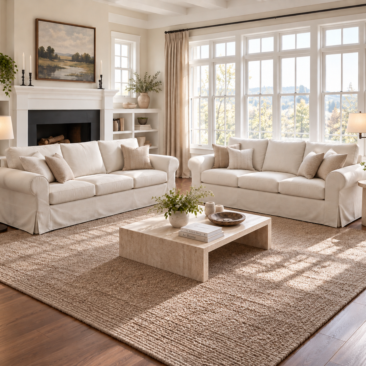 Vorthio 89" 3-Seater Farmhouse Sofa, Deep Seat Couch with High Back Support, Removable Washable Cover, Rolled Arms, Set of 2, White