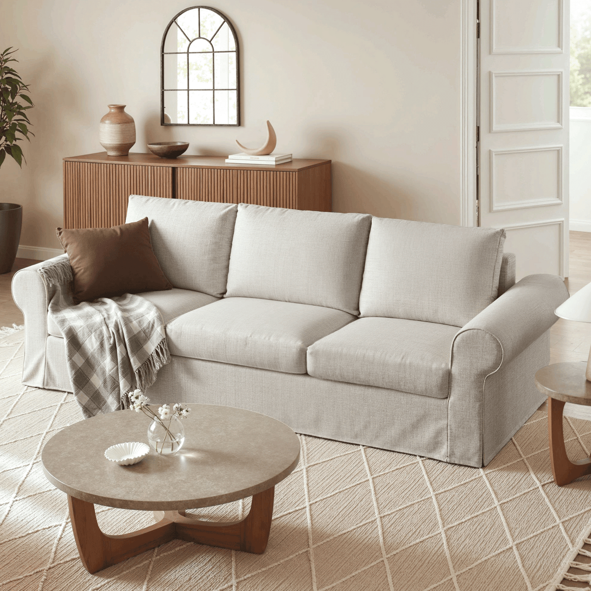 Vorthio 89" 3-Seater Farmhouse Sofa, Deep Seat Couch with High Back Support, Removable Washable Cover, Rolled Arms, Grey