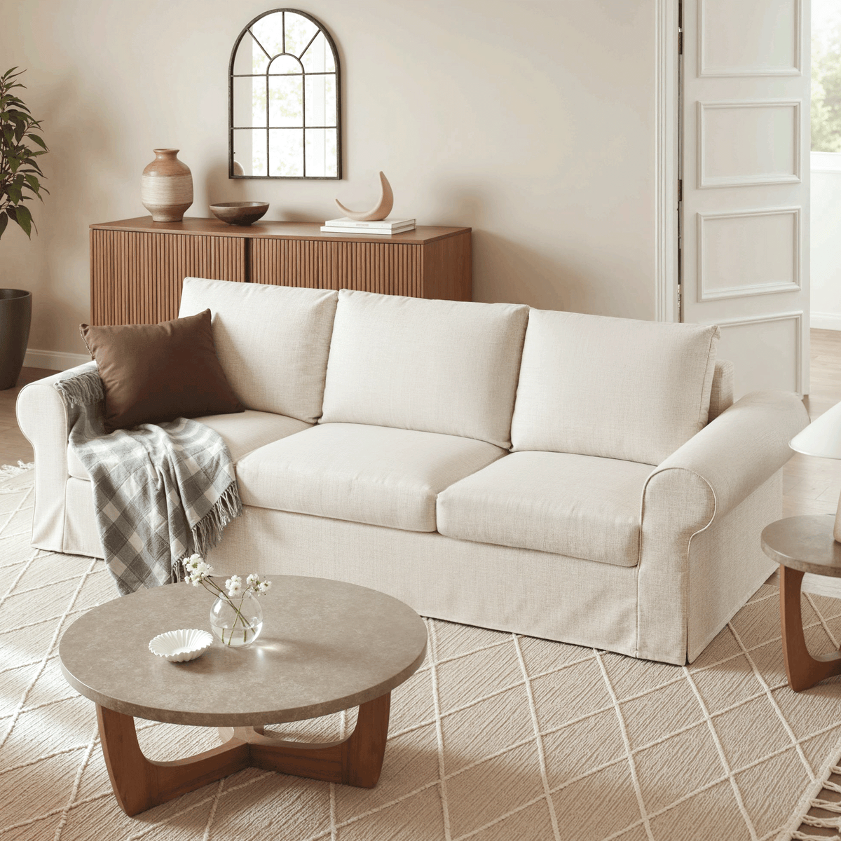 Vorthio 89" 3-Seater Farmhouse Sofa, Deep Seat Couch with High Back Support, Removable Washable Cover, Rolled Arms, White