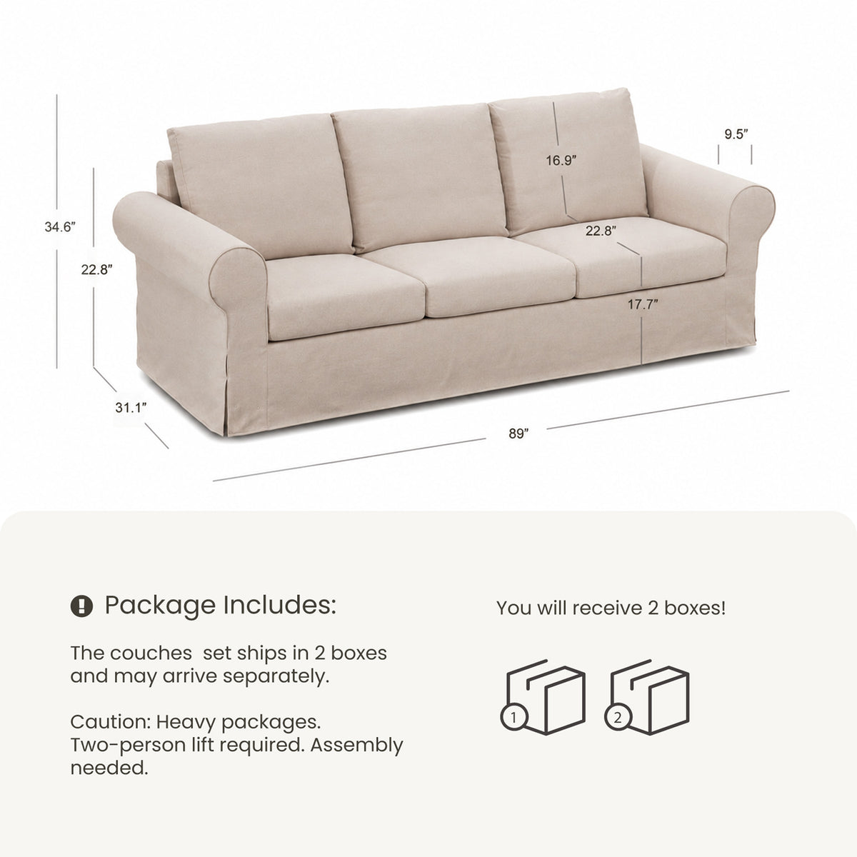 Vorthio 89" 3-Seater Farmhouse Sofa, Deep Seat Couch with High Back Support, Removable Washable Cover, Rolled Arms, Set of 2, Beige