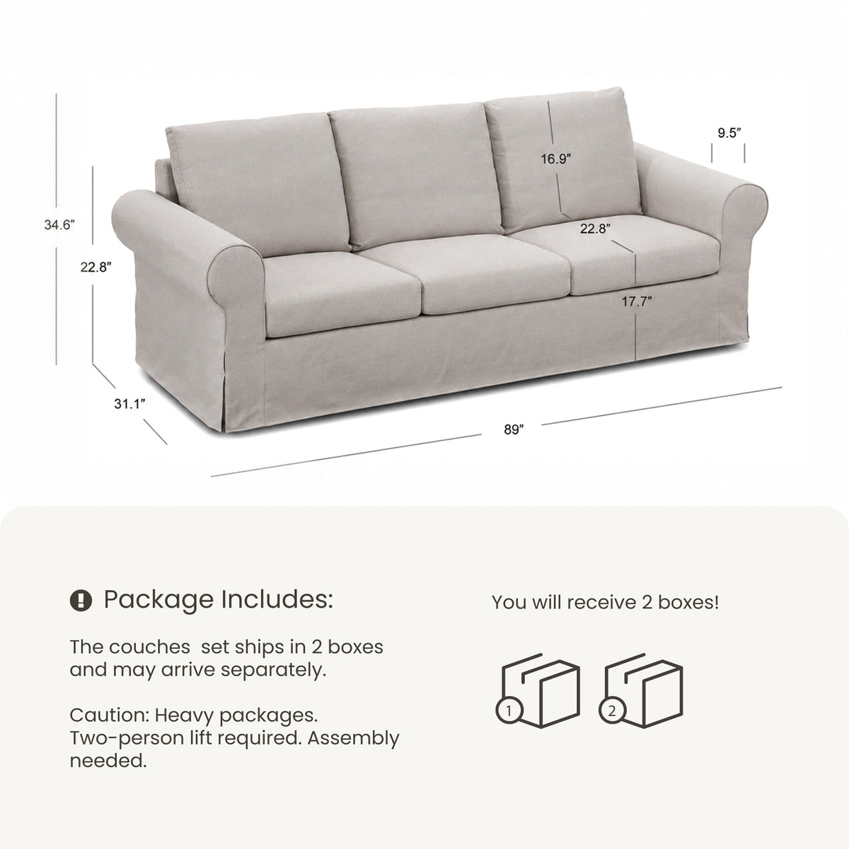 Vorthio 89" 3-Seater Farmhouse Sofa, Deep Seat Couch with High Back Support, Removable Washable Cover, Rolled Arms, Set of 2, Grey