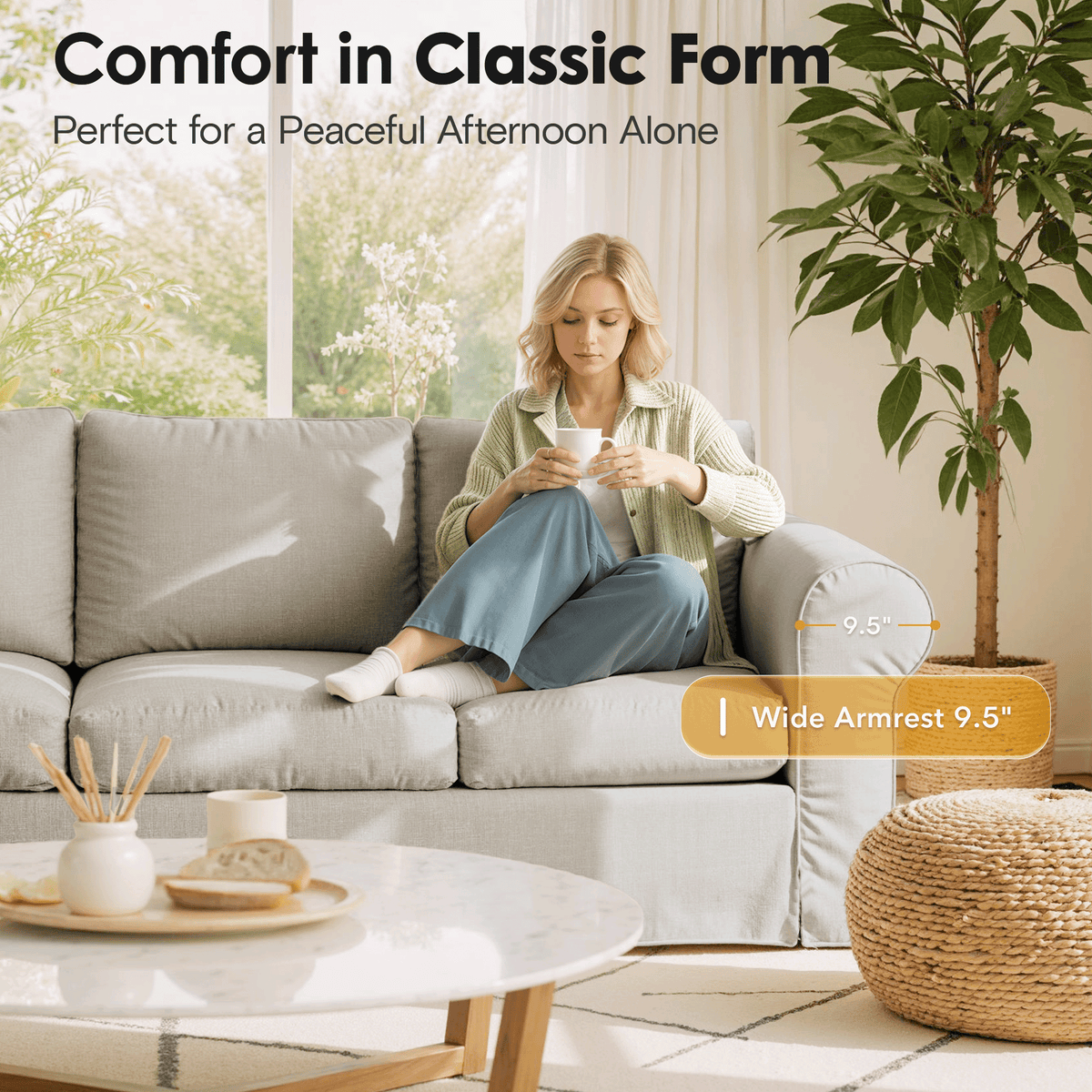 Vorthio 89" 3-Seater Farmhouse Sofa, Deep Seat Couch with High Back Support, Removable Washable Cover, Rolled Arms, Grey