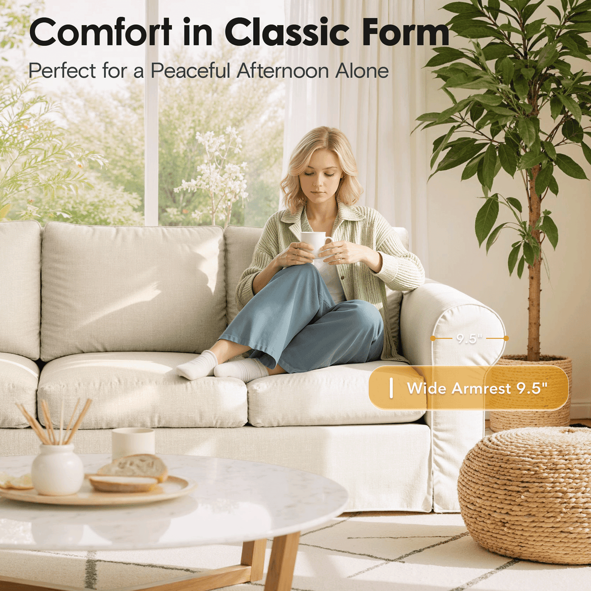 Vorthio 89" 3-Seater Farmhouse Sofa, Deep Seat Couch with High Back Support, Removable Washable Cover, Rolled Arms, White
