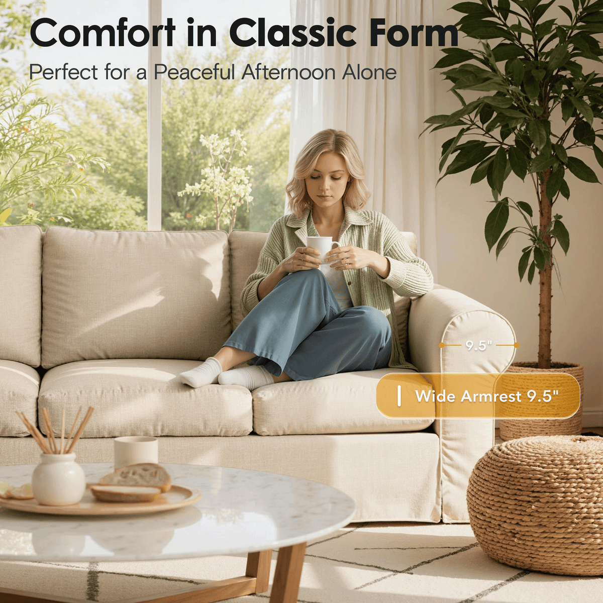 Vorthio Life 89" Farmhouse 3-Seater Sofa, Deep Seat Couch with High Back Support, Washable Removable Cover, Rolled Arms, Beige
