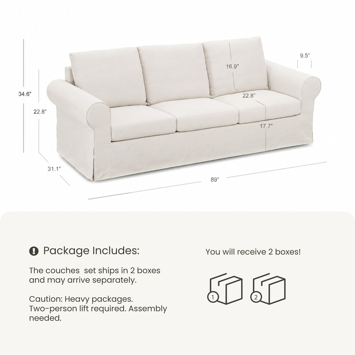 Vorthio 89" 3-Seater Farmhouse Sofa, Deep Seat Couch with High Back Support, Removable Washable Cover, Rolled Arms, Set of 2, White