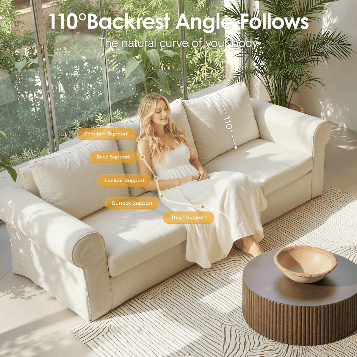 Vorthio 89" 3-Seater Farmhouse Sofa, Deep Seat Couch with High Back Support, Removable Washable Cover, Rolled Arms, White