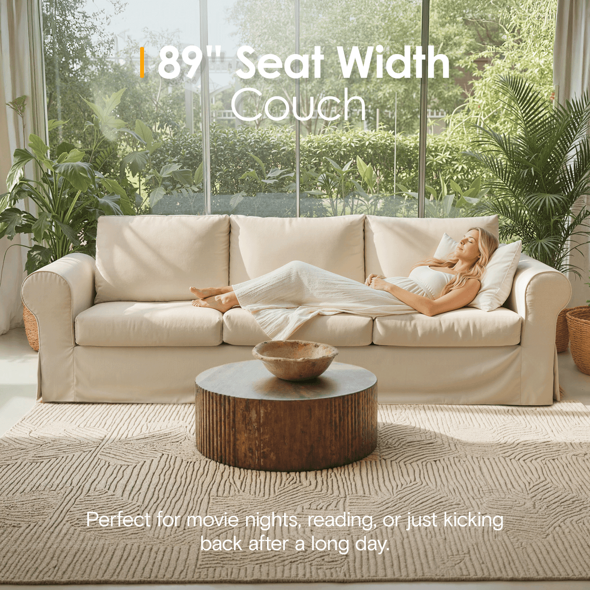 Vorthio Life 89" Farmhouse 3-Seater Sofa, Deep Seat Couch with High Back Support, Washable Removable Cover, Rolled Arms, Beige