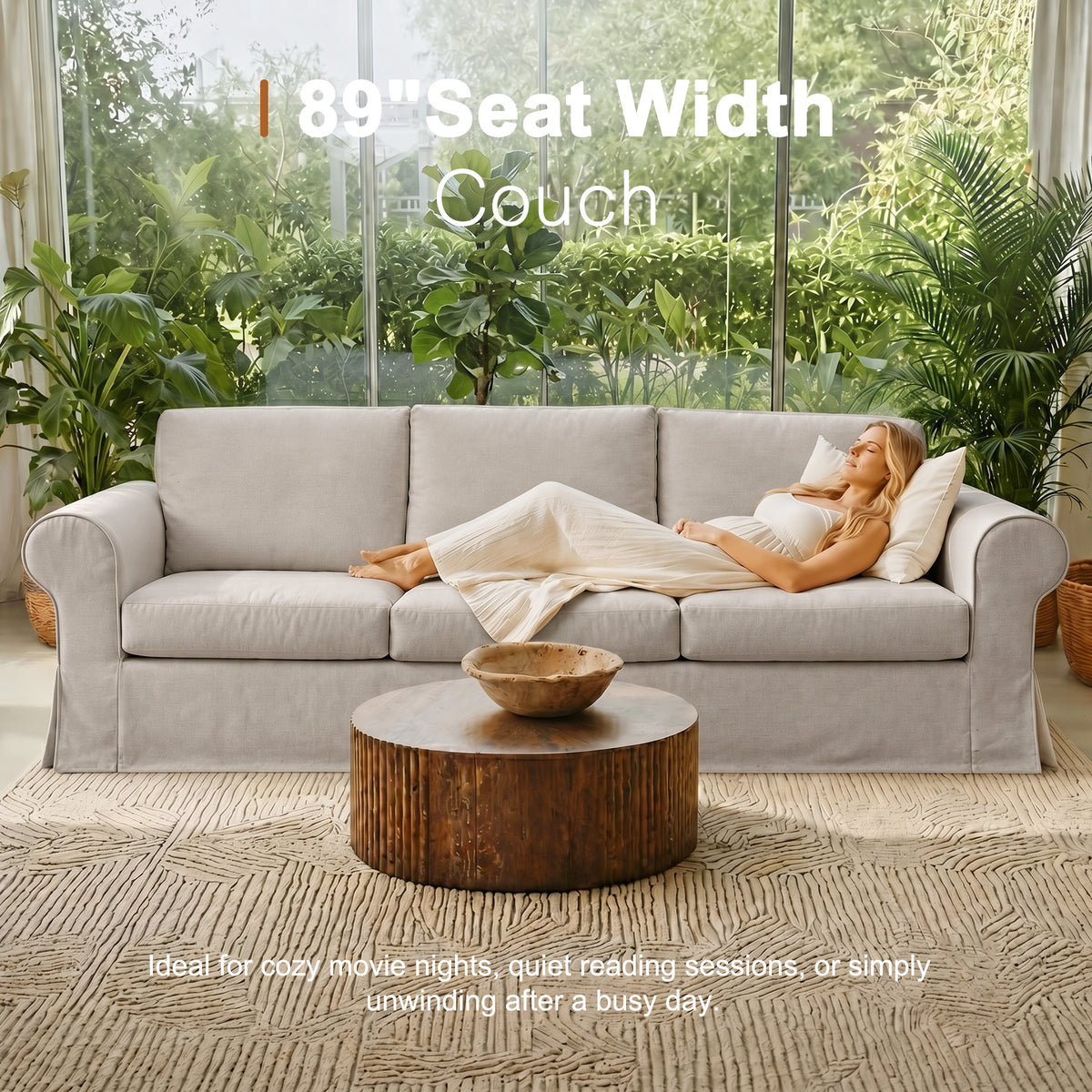 Vorthio 89" 3-Seater Farmhouse Sofa, Deep Seat Couch with High Back Support, Removable Washable Cover, Rolled Arms, Set of 2, Grey