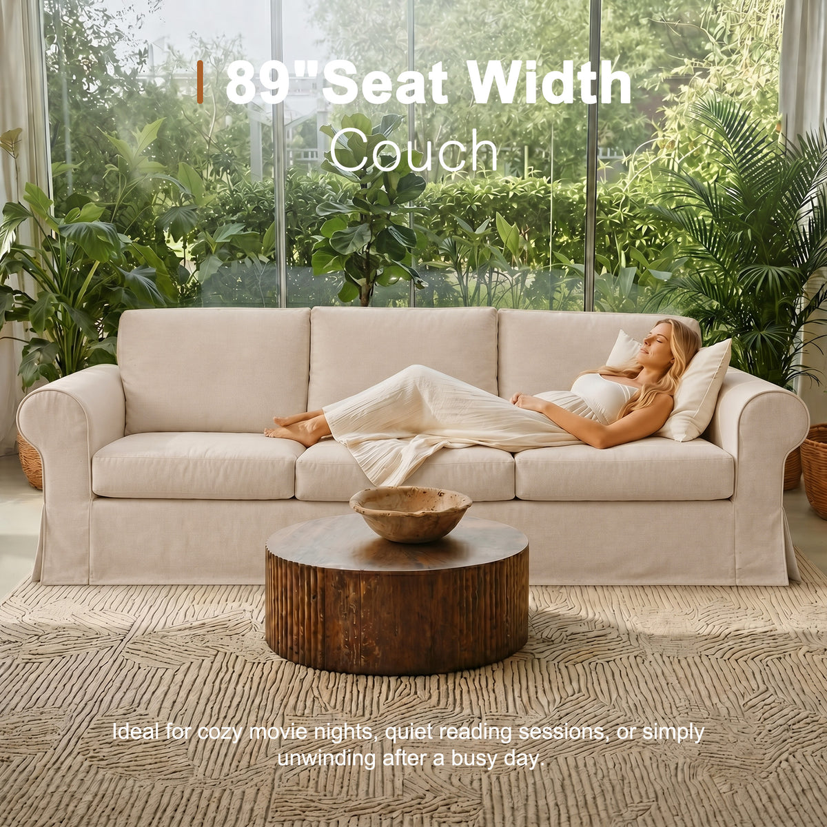 Vorthio 89" 3-Seater Farmhouse Sofa, Deep Seat Couch with High Back Support, Removable Washable Cover, Rolled Arms, Set of 2, Beige