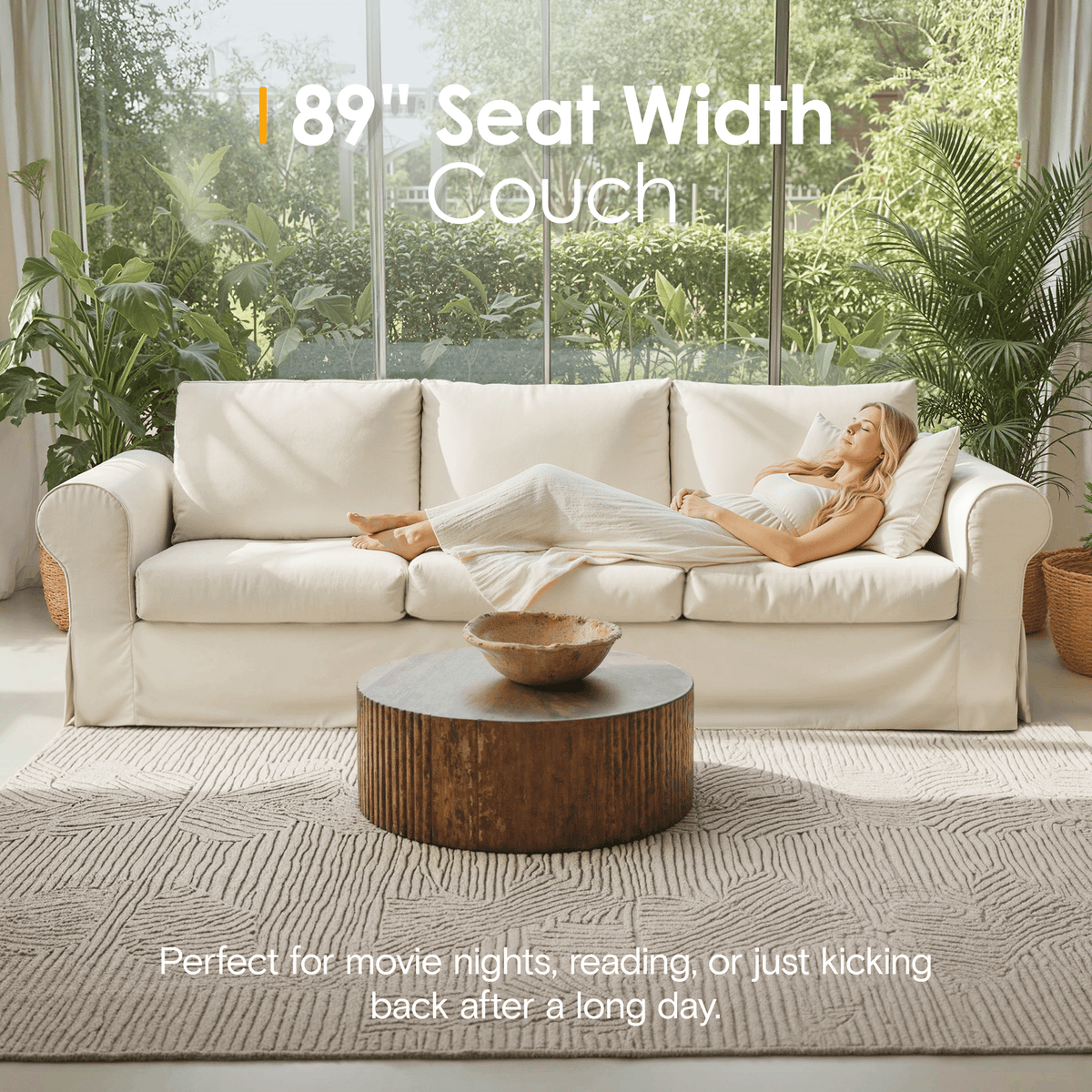 Vorthio 89" 3-Seater Farmhouse Sofa, Deep Seat Couch with High Back Support, Removable Washable Cover, Rolled Arms, White