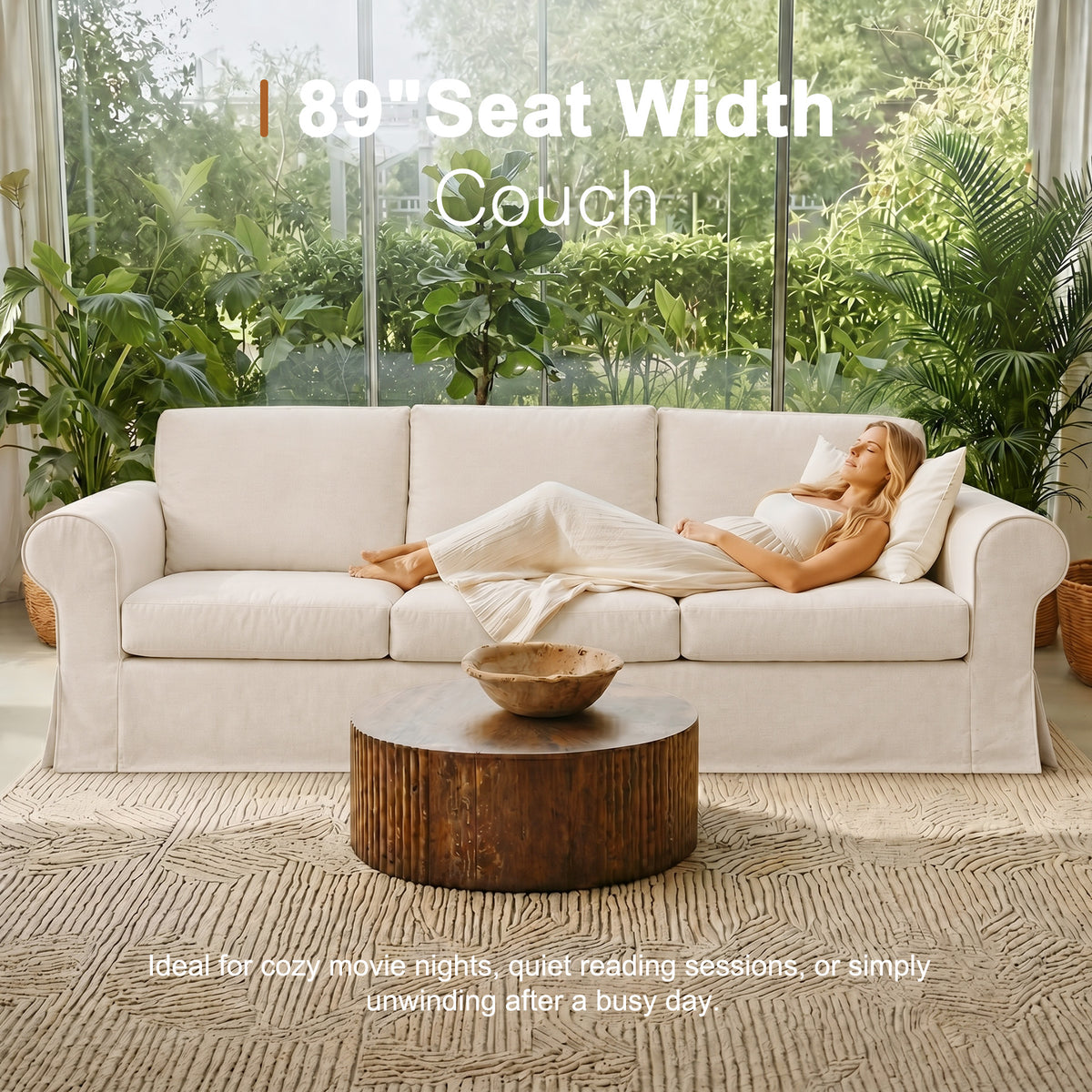 Vorthio 89" 3-Seater Farmhouse Sofa, Deep Seat Couch with High Back Support, Removable Washable Cover, Rolled Arms, Set of 2, White