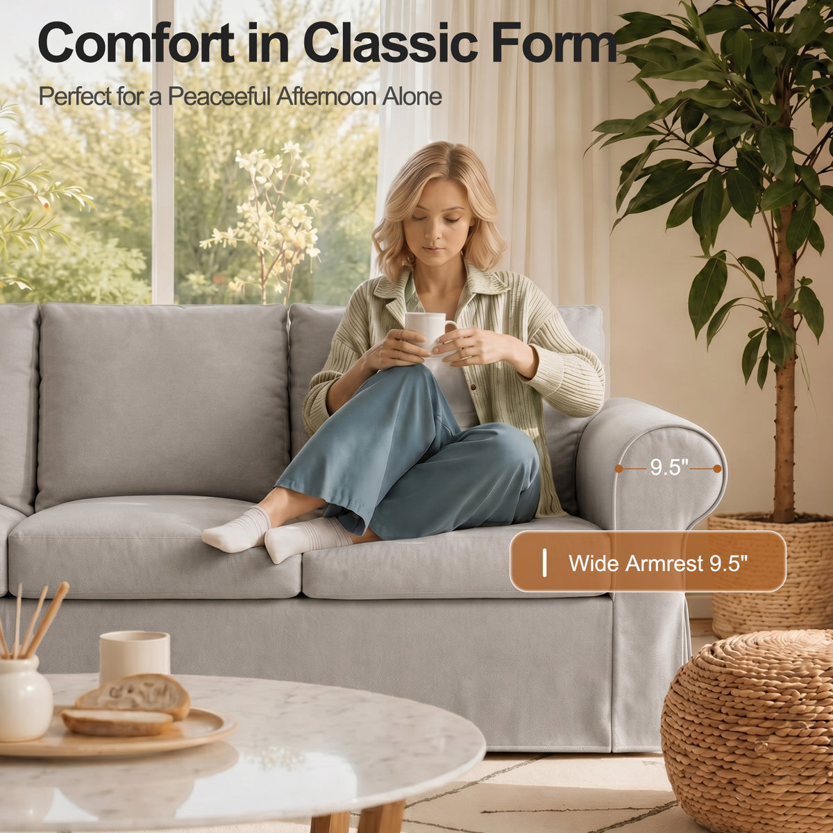 Vorthio 89" 3-Seater Farmhouse Sofa, Deep Seat Couch with High Back Support, Removable Washable Cover, Rolled Arms, Set of 2, Grey