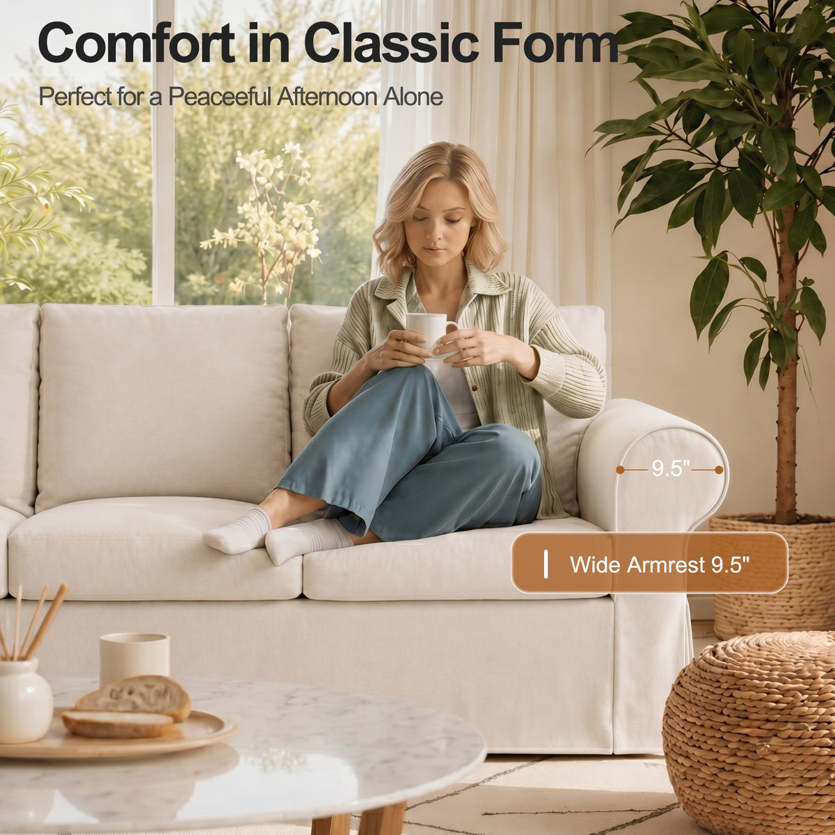 Vorthio 89" 3-Seater Farmhouse Sofa, Deep Seat Couch with High Back Support, Removable Washable Cover, Rolled Arms, Set of 2, White