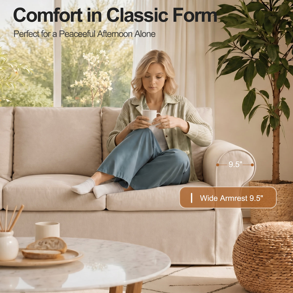 Vorthio 89" 3-Seater Farmhouse Sofa, Deep Seat Couch with High Back Support, Removable Washable Cover, Rolled Arms, Set of 2, Beige