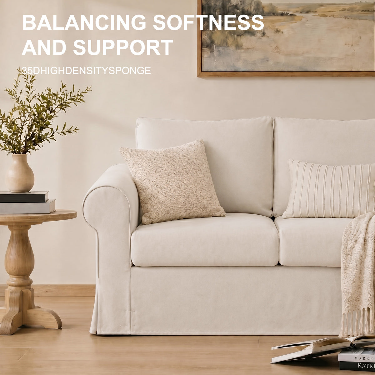 Vorthio 89" 3-Seater Farmhouse Sofa, Deep Seat Couch with High Back Support, Removable Washable Cover, Rolled Arms, Set of 2, White