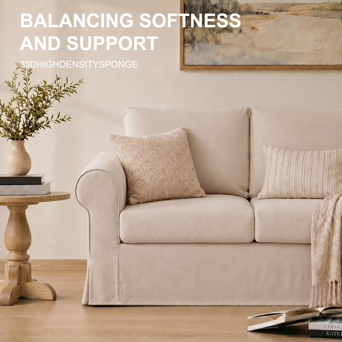 Vorthio 89" 3-Seater Farmhouse Sofa, Deep Seat Couch with High Back Support, Removable Washable Cover, Rolled Arms, Set of 2, Beige