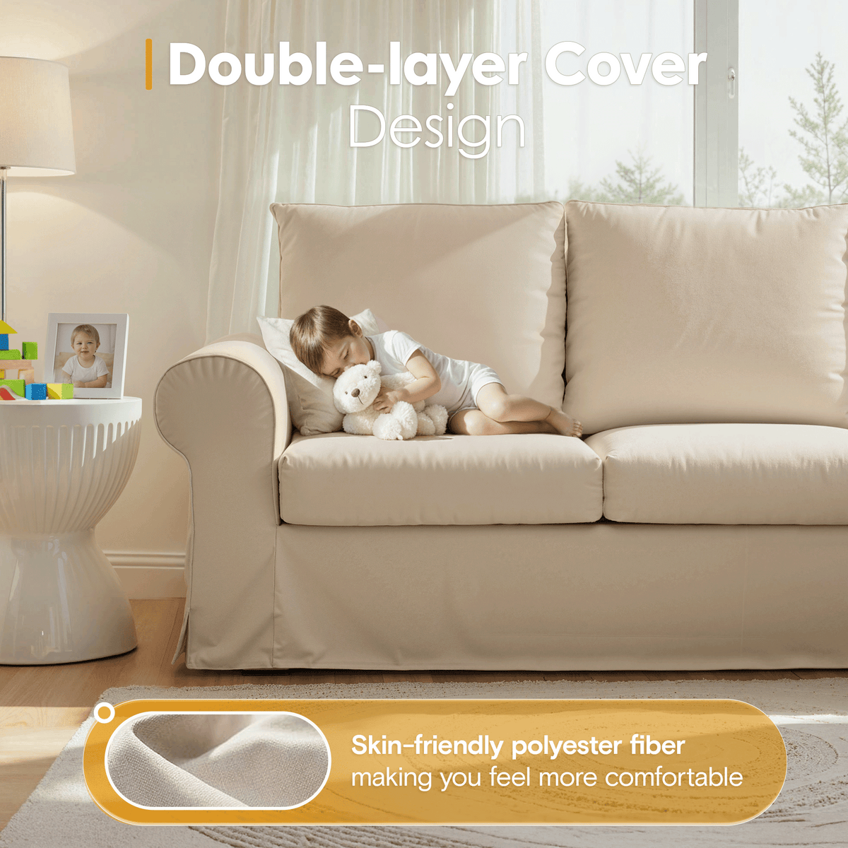 Vorthio Life 89" Farmhouse 3-Seater Sofa, Deep Seat Couch with High Back Support, Washable Removable Cover, Rolled Arms, Beige