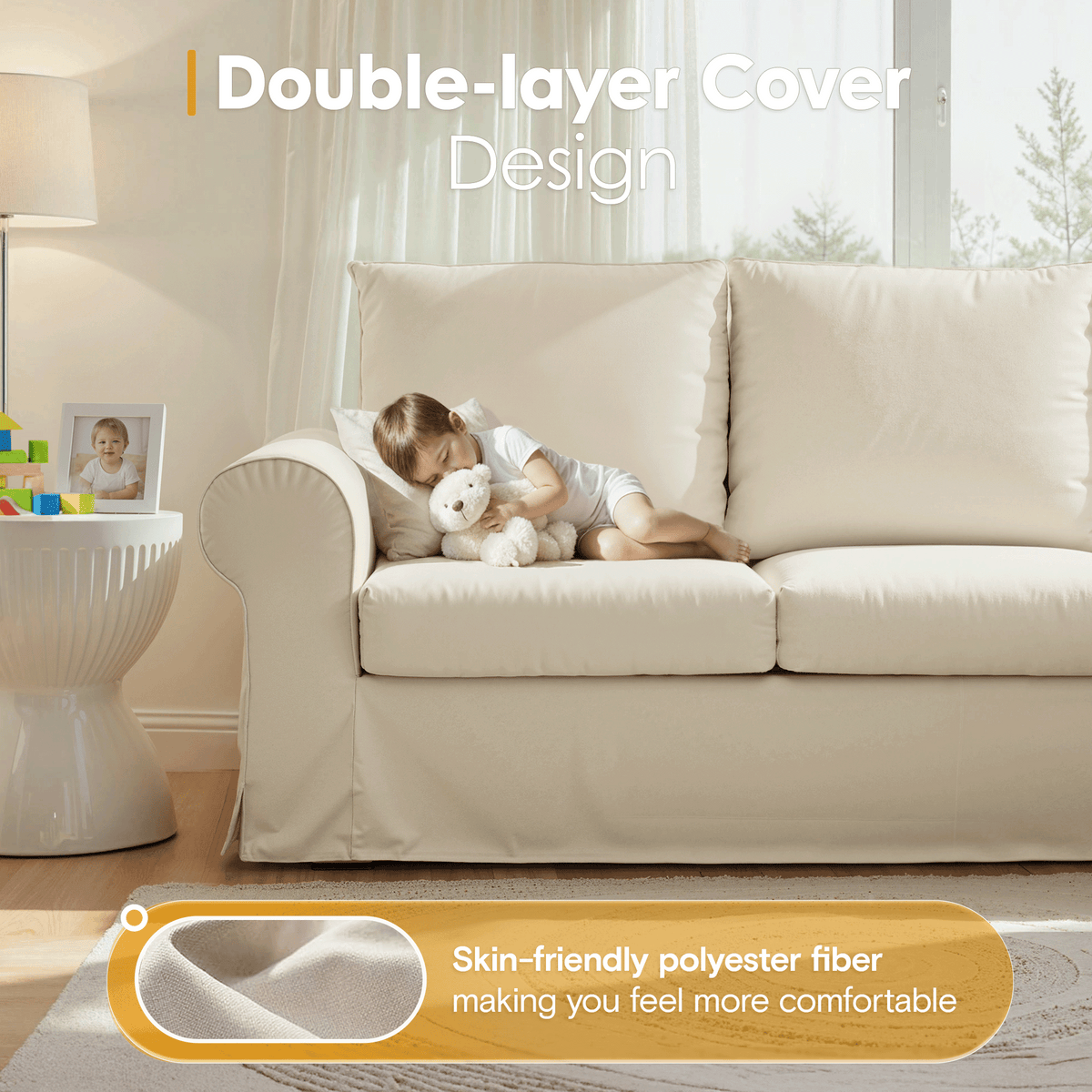 Vorthio 89" 3-Seater Farmhouse Sofa, Deep Seat Couch with High Back Support, Removable Washable Cover, Rolled Arms, White