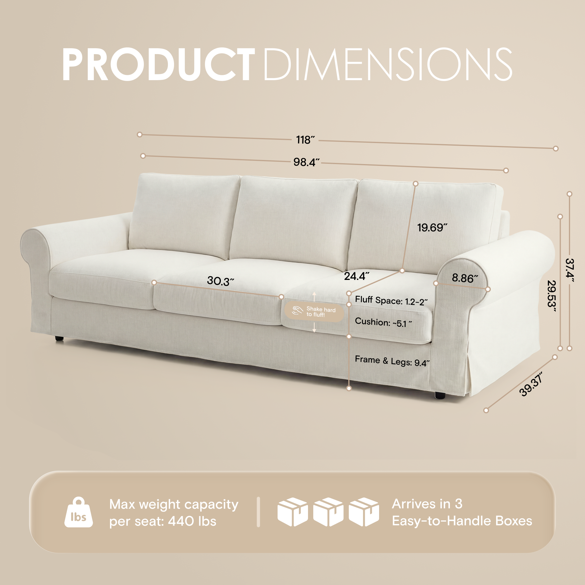 118 Inch Cloud Couch with Moveable Ottoman, Comfy 3-Seater Fabric Sofa with Rolled Arms, Deep Seat Slipcover Couch L Shape Living Room Furniture Set, White