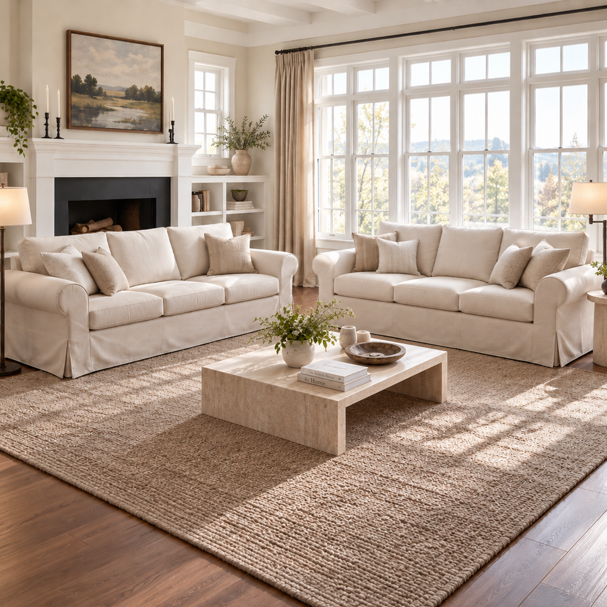 Vorthio 89" 3-Seater Farmhouse Sofa, Deep Seat Couch with High Back Support, Removable Washable Cover, Rolled Arms, Set of 2, Beige