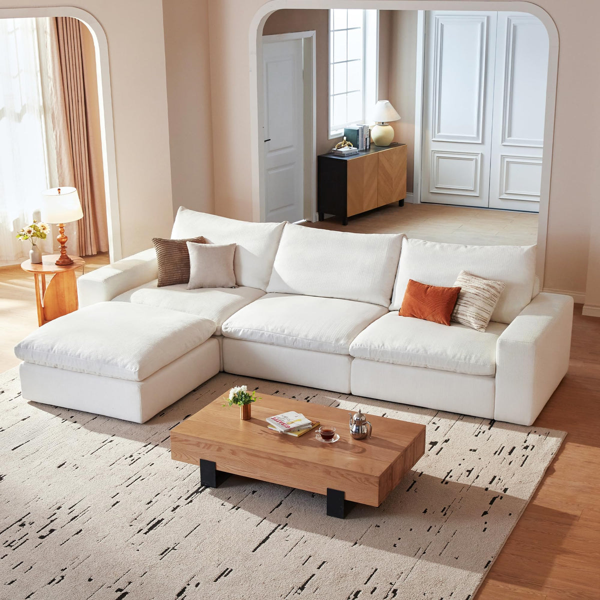 Vorthio 113.8" Oversized Deep Seat Modular Sectiona Sofa, L-Shaped White Sofa with Memory Foam and Storage Ottoman for Living Room,White