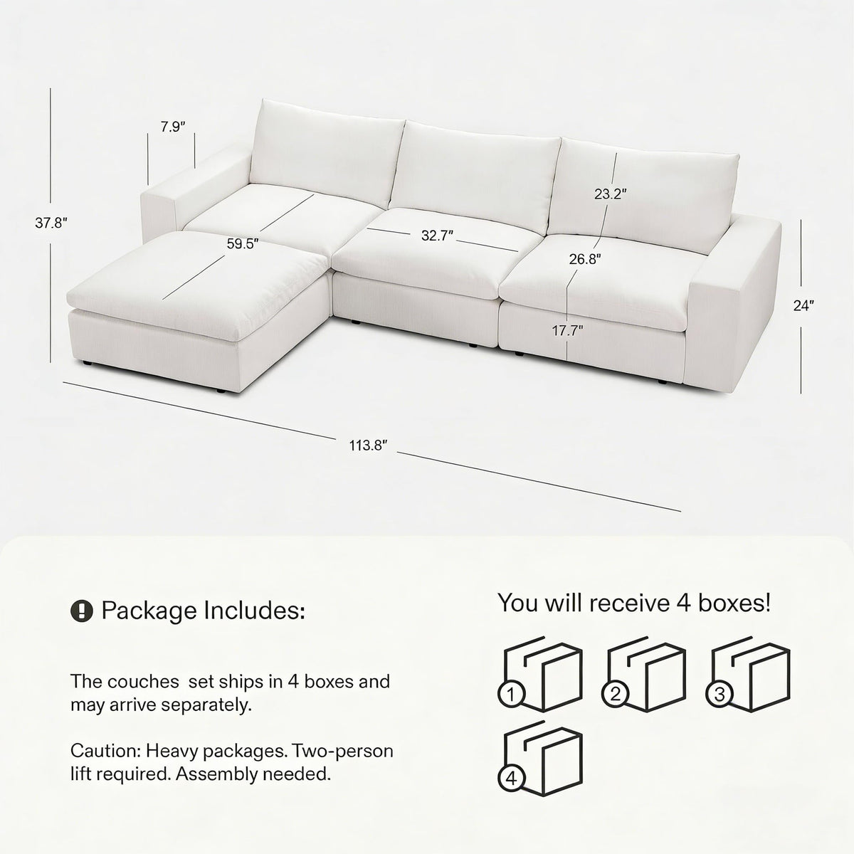 Vorthio 113.8" Oversized Deep Seat Modular Sectiona Sofa, L-Shaped White Sofa with Memory Foam and Storage Ottoman for Living Room,White