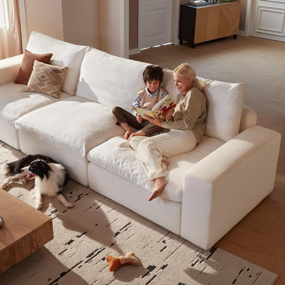 Vorthio 113.8" Oversized Deep Seat Modular Sectiona Sofa, L-Shaped White Sofa with Memory Foam and Storage Ottoman for Living Room,White
