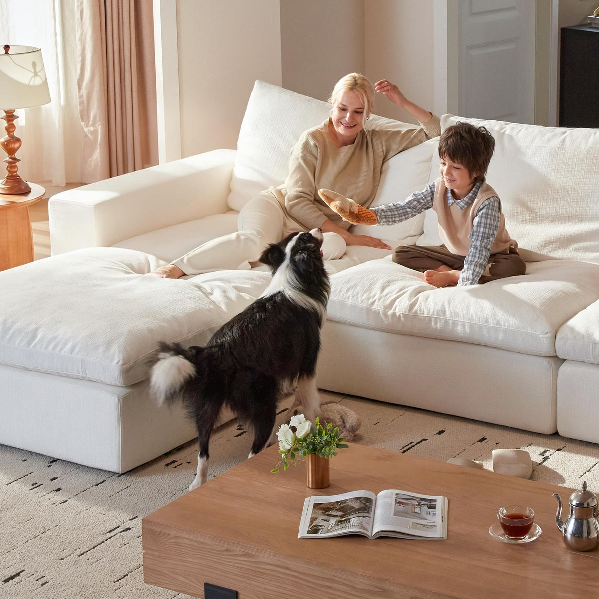 Vorthio 113.8" Oversized Deep Seat Modular Sectiona Sofa, L-Shaped White Sofa with Memory Foam and Storage Ottoman for Living Room,White