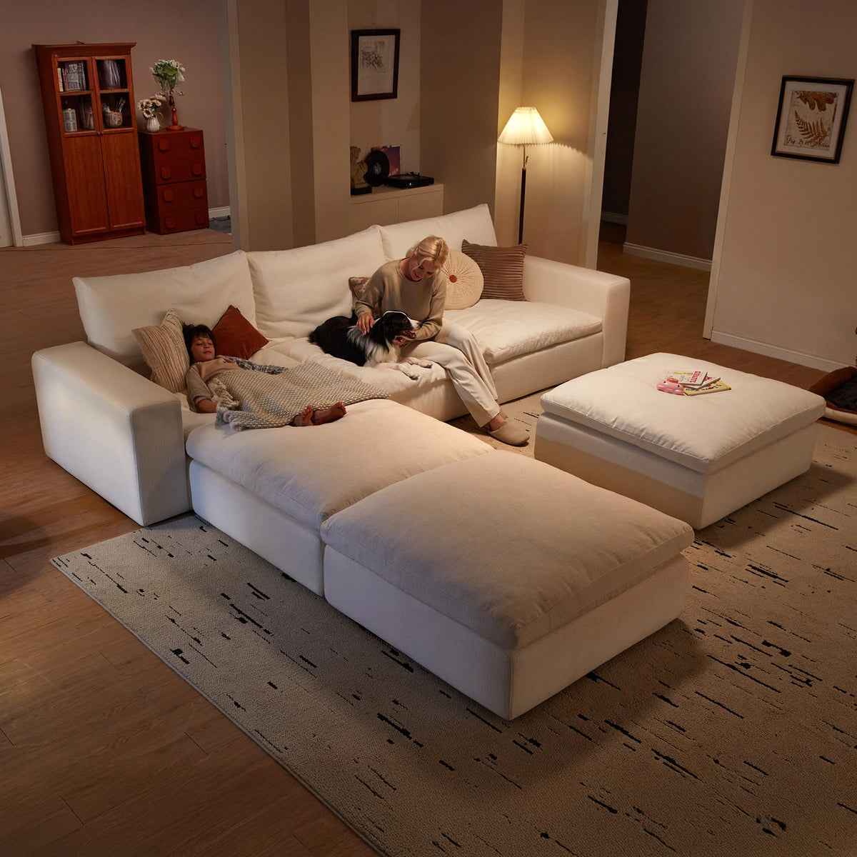 Vorthio 113.8" Oversized Deep Seat Modular Sectiona Sofa, L-Shaped White Sofa with Memory Foam and Storage Ottoman for Living Room,White
