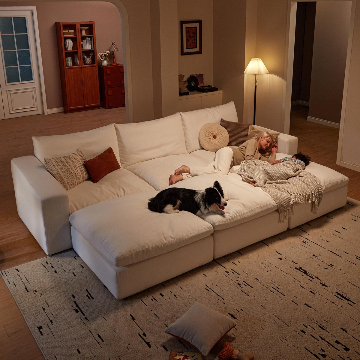 Vorthio 113.8" Oversized Deep Seat Modular Sectiona Sofa, L-Shaped White Sofa with Memory Foam and Storage Ottoman for Living Room,White